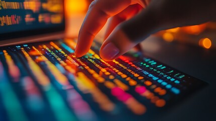 Close-up of fingers selecting a range of cells in a vibrant spreadsheet, colorful rows and highlighted data grids displayed on a sleek laptop, organized workspace illuminated by warm light,