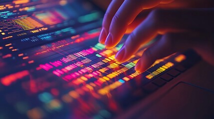 Close-up of fingers selecting a range of cells in a vibrant spreadsheet, colorful rows and highlighted data grids displayed on a sleek laptop, organized workspace illuminated by warm light,