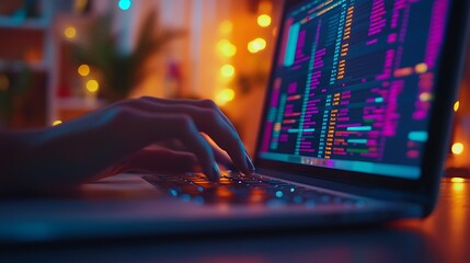 Close-up of fingers typing on a laptop keyboard, a detailed expense tracking spreadsheet with bold rows and colorful highlights displayed on the screen, clean desk setup with soft ambient lighting,