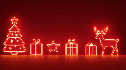 neon light outline of Christmas tree and gifts on red background