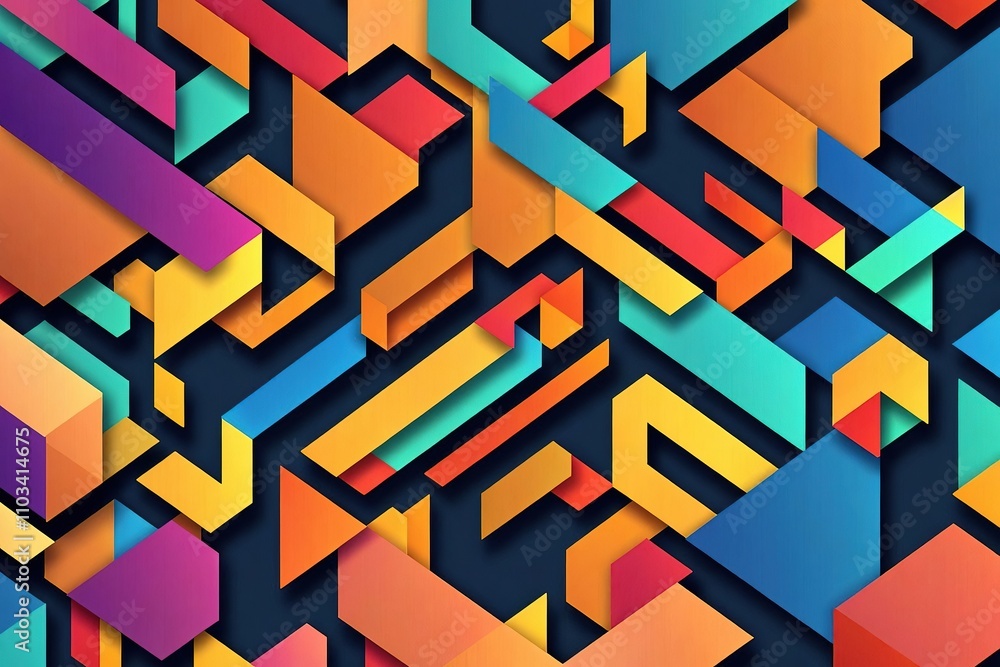 Poster angular geometric pattern with teal, orange, and yellow blocks.
