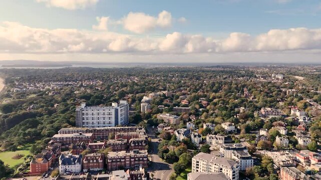 High flight over Bournemouth with views over to Poole Harbour and the Isle of Purbeck on sunny day