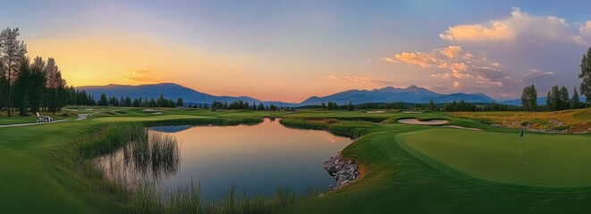 Serene Golf Course Landscape at Sunset with Reflections in Water and Majestic Mountains in Background Surrounded by Lush Greenery and Tranquil Environment