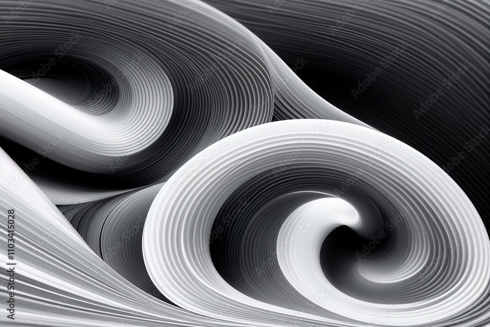 Poster monochrome abstract vortex with smooth flowing lines.