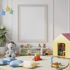 mock up white big photo frame in children playing room