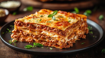 A delicious serving of lasagna, layered with meat, cheese, and herbs, presented on a rustic plate, evoking a cozy dining experience.