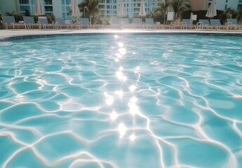 Fototapeta premium Serene Reflections of Sunlight on Crystal Clear Pool Water Surrounded by Relaxing Lounge Chairs in a Tranquil Resort Environment
