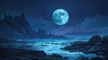 Fototapeta premium A full moon illuminates a rocky shoreline and calm sea under a starry sky.