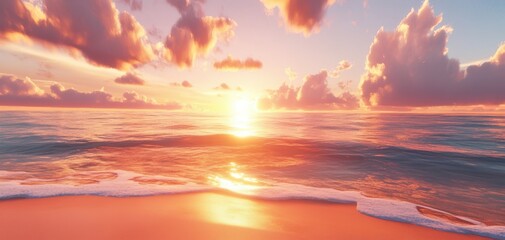 Fototapeta premium Serene Sunset Over Gentle Ocean Waves Illuminating the Sandy Beach Under a Vibrant Sky Filled with Colorful Clouds