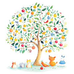 Naklejka premium Colorful tree with playful animals, vibrant fruits, white isolated background
