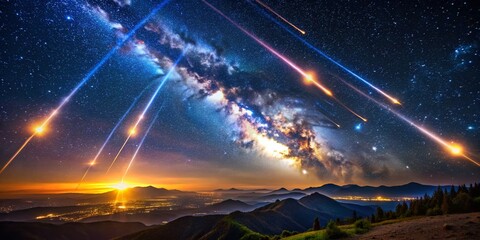 Captivating Aerial View of a Meteor Shower Illuminating the Night Sky with Glowing Meteorites Streaming Across a Dark Celestial Background