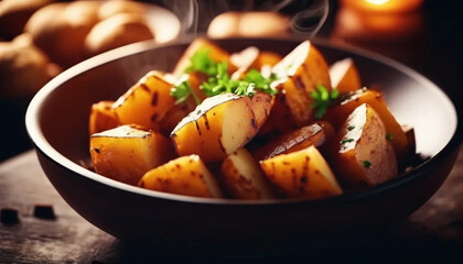 Hot cooked potatoes in w bowl. Close up. 