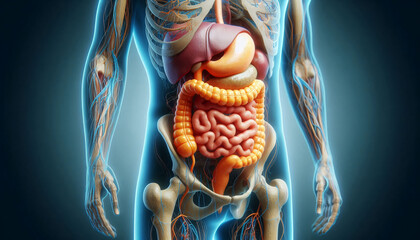 A 3D model of the human abdomen focusing on the digestive tract, with the stomach, colon, and pancreas rendered in high detail for medical education.