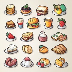A colorful illustration of various delicious foods, including desserts, sandwiches, and fruits, all presented on plates.