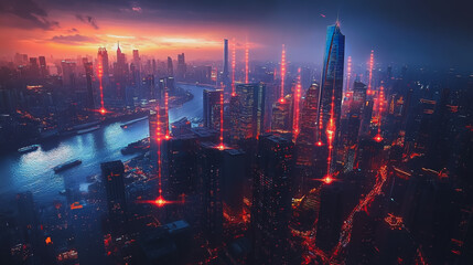 Fototapeta premium Smart digital city with connection cyber security network reciprocity over the cityscape . future smart wireless digital city and social media networking systems that connects people within the city