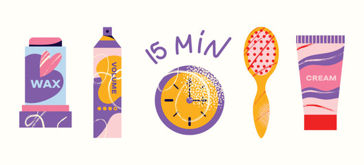 Set cosmetics hair care routine. Beauty care for curly girl method. Hair care bottle styling, cleansing, treatment for kinky hair. Doodle style. Vector illustration isolated on background