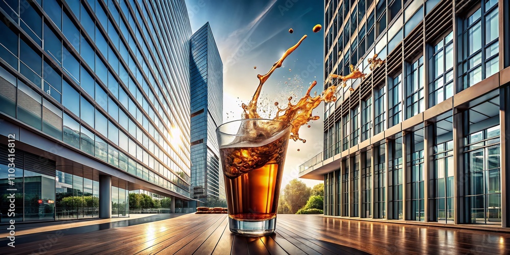 Poster captivating architectural photography featuring a splash of coffee or cola against a stylish urban b