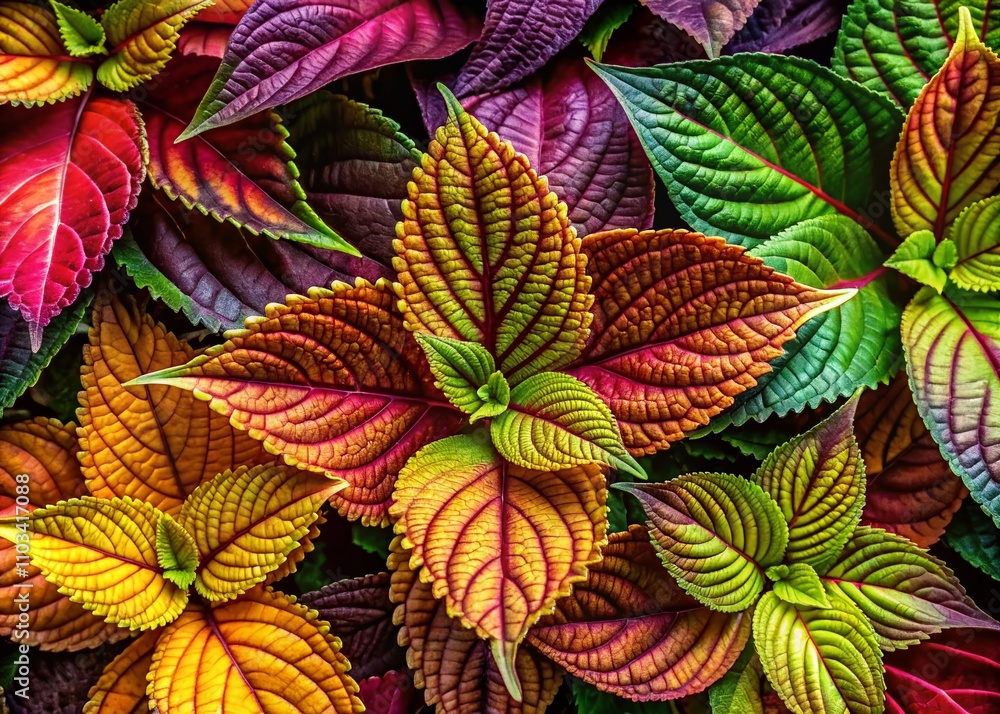 Poster captivating architectural photography of a pattern featuring diverse leaf types in soft color palett