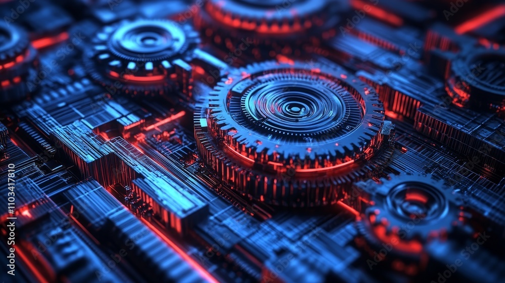 Poster futuristic technology intricate engine gears and network connections in a cyberspace concept.