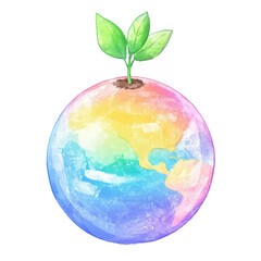 Colorful globe with plant sprouting, symbolizing environmental care and sustainability.