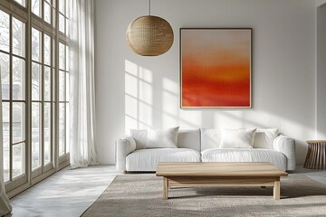 A modern living room with a combination of minimalist, white sofa and japandi interior design with pendant lighting. Generative AI
