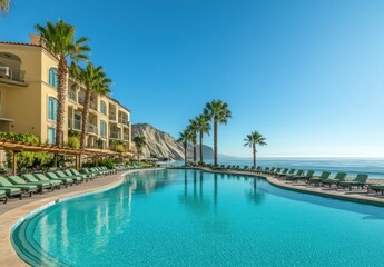 Fototapeta premium Stunning Resort Pool Overlooking Serene Ocean with Lush Palms on Bright Sunny Day, Ideal Vacation Destination for Relaxation and Leisure