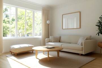 Fototapeta premium Bright and airy living room with modern furniture, large windows, and soft decor elements