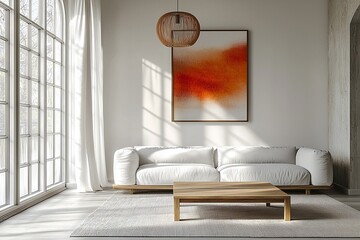 A modern living room with a combination of minimalist, white sofa and japandi interior design with pendant lighting. Generative AI
