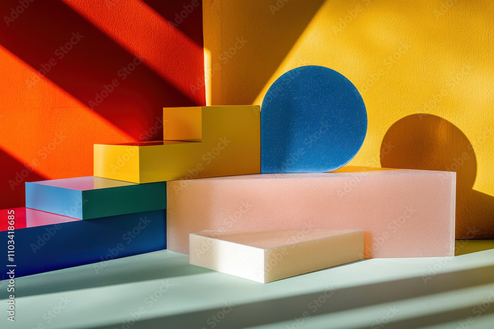 Poster bright colorful abstract background made by transparent colored glass empty product display showcase