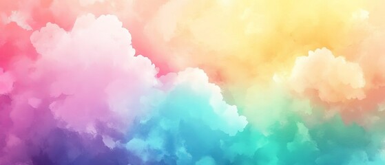 Abstract watercolor sunset sky with vibrant pink, green, blue, yellow, and purple clouds in a dreamy rainbow of colors