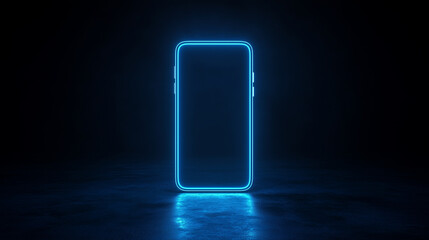 blue light outline of smartphone in neon light on dark background