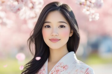 Elegant Asian Woman in Floral Kimono Amidst Blossoming Cherry Blossoms