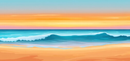 Fototapeta premium Tranquil Seascape at Sunset with Gentle Waves and Soft Sands in Vibrant Hues of Orange, Pink, and Blue Over a Calm Ocean Horizon