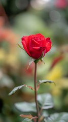 Close-Up of a Blooming Red Rose with Green Background