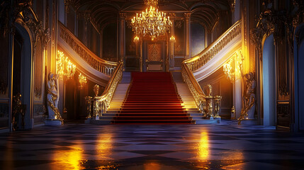 Fototapeta premium Royal palace hallway. With stairs at night. ai generative