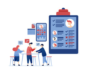 vector illustration of Human resources professionals recruiting employees by selecting candidates from CV portfolios and social media backgrounds to fill better job positions and promotions