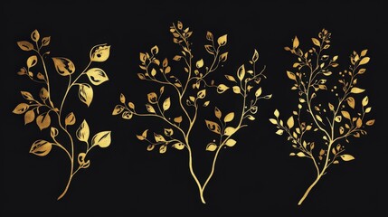 Gold Dividers. Hand-drawn Elegant Set of Nature Plants in Vintage Style