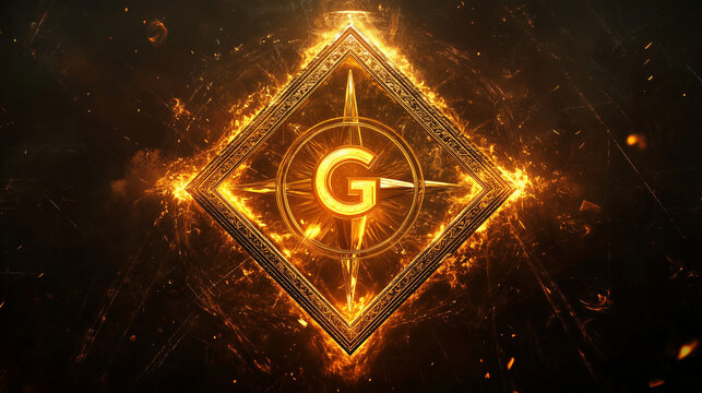 A detailed illustration of the Masonic square and compass symbol, with a radiant G at its center, glowing against a dark background