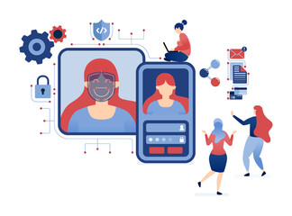 vector illustration of Women excelling in coding and security jobs, developing secure face recognition systems, and managing data access on smartphones with advanced technology