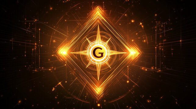 A detailed illustration of the Masonic square and compass symbol, with a radiant G at its center, glowing against a dark background