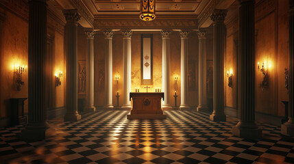 A Masonic lodge interior with ornate columns, checkerboard flooring, and a central altar illuminated by soft candlelight