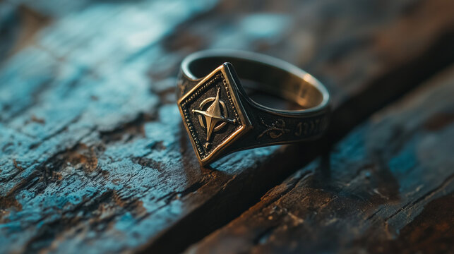 A close-up of a Masonic ring engraved with the square and compass, resting on a weathered wooden table
