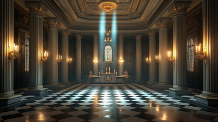 A Masonic lodge interior with ornate columns, checkerboard flooring, and a central altar illuminated by soft candlelight