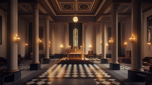 A Masonic lodge interior with ornate columns, checkerboard flooring, and a central altar illuminated by soft candlelight