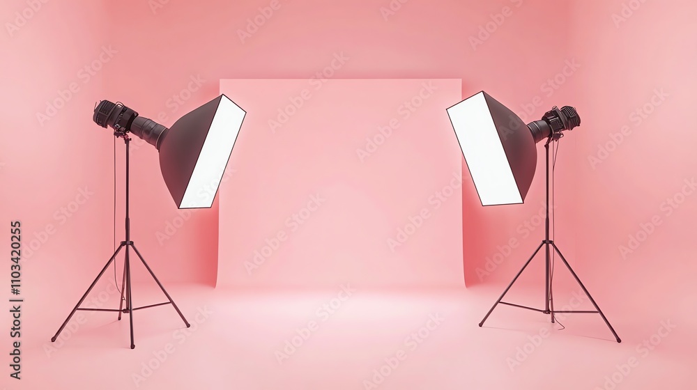 Poster two studio lights with softboxes set up in front of a pink background.