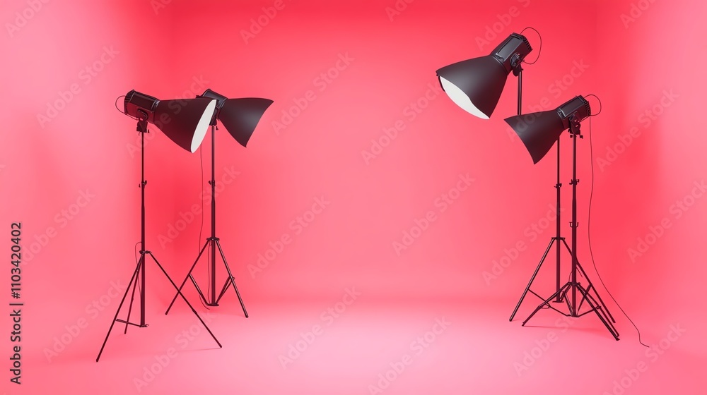 Poster two studio lights with softboxes set up in front of a pink background.