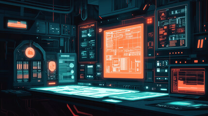 Fototapeta premium screen of digital elements with floating windows icons and lines of code representing a high-tech workspace