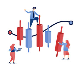 vector illustration of People analyzing candlestick charts in the stock market, using high-risk investment strategies, managing financial risks, and navigating market volatility for high returns