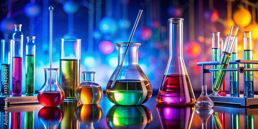 Poster captivating chemical experiment with colorful reactions in a laboratory setting featuring colorful s