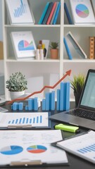 Obraz premium A desk features a laptop, graphs, and a prominent growth arrow vertical